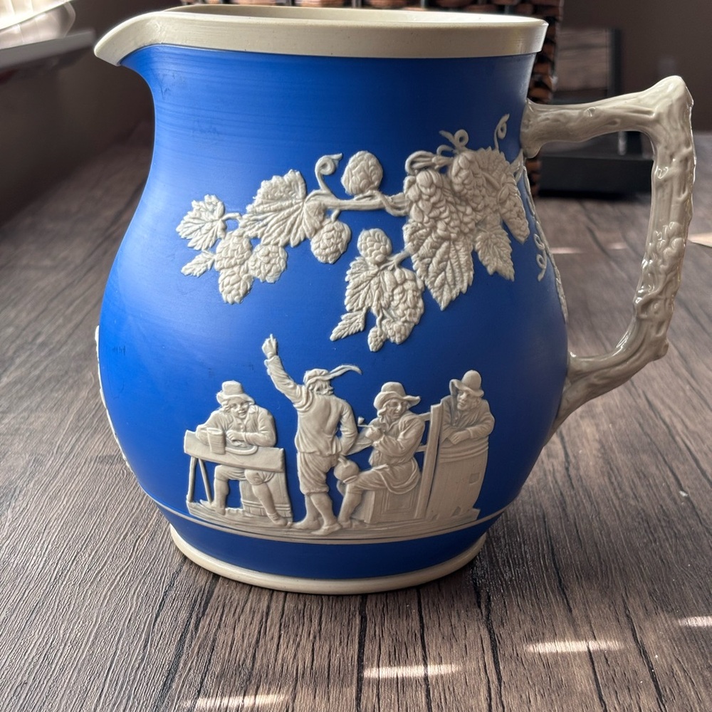 Antique Blue Jasperware Picture Jug-White Relief Musicians Made In Eng